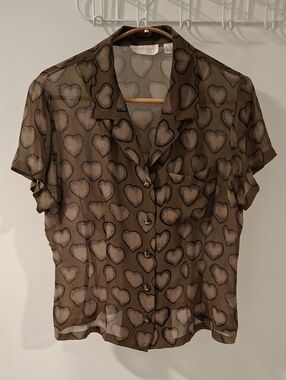 Sheer Olive Green & Black Heart Print 100% Silk Flutter Sleeve Shirt (Size 10P)